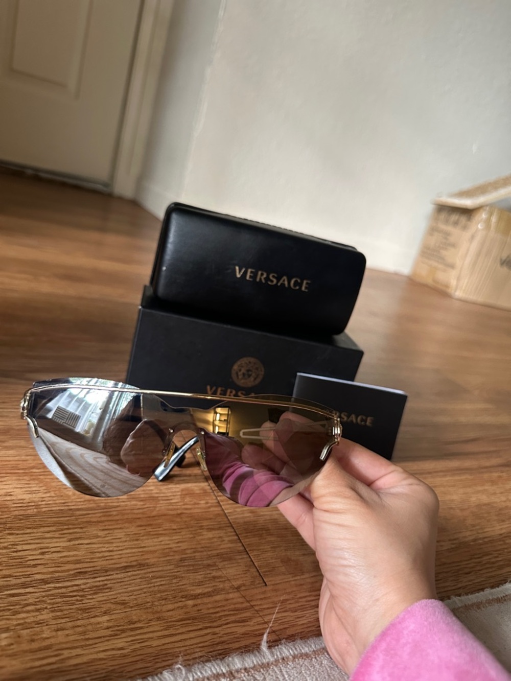 Versace Brown Gradient Shield Sunglasses with Gold Trim